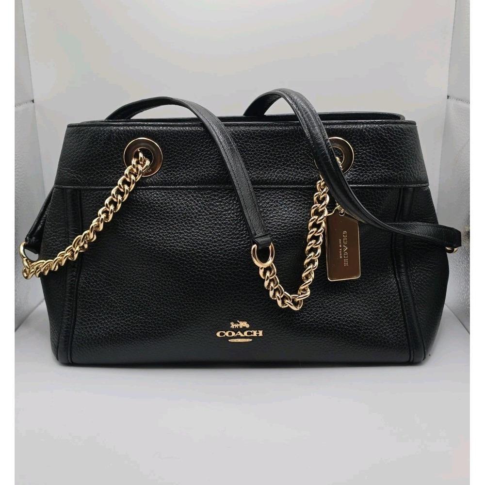 Coach Purse Hand Bag Brooke Chain Carryall Black Polished Pebble Leather Luxury